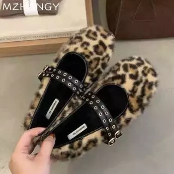 Мода Леопардовый мех Женщины Балетные танцевальные туфли Плоские туфли Повседневные неглубокие лоферы Обувь Женщина 2025 Тренд Моды Зимние зимние сапоги Новые Muejr Zapatos 35 чёрный