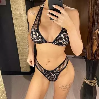 мода леопардовый сетчатый ажурный сплайсинг халтер бикини женский купальник женский купальник из двух частей комплект бикини купальный костюм купальный костюм плавание S леопардовый