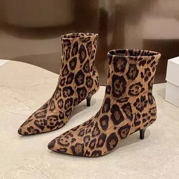 мода леопардовый женские ботильоны с острым носком на высоком каблуке замшевые туфли зима 2025 тренд челси элегантные туфли-лодочки модная вечеринка Botas Mujer 35 коричневый
