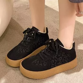 мода леопардовый женские туфли на плоской подошве кроссовки на платформе меховые туфли 2025 зима новые короткие плюшевые теплые спортивные туфли тренд мода походные Mujer Zapatos 35 чёрный