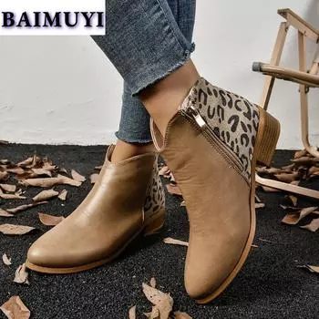 мода леопардовый женский средний каблук зимние ботильоны кожаные ботинки зима 2025 новый тренд ботинки челси повседневные массивные туфли ретро Botas Mujer 36 чёрный