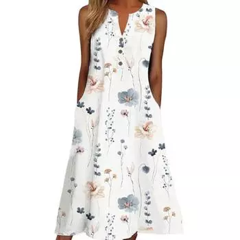МОДА Летнее платье без рукавов Универсальное, нежное на ощупь популярное длинное платье с цветочным принтом для отдыха Уличная одежда M белый