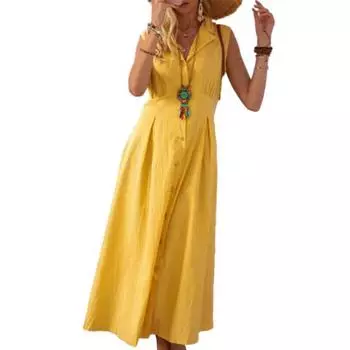 МОДА Летнее платье-рубашка без рукавов с V-образным вырезом и лацканами, однобортное облегающее однотонное платье миди с высокой талией, рабочая одежда M чёрный