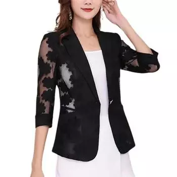 МОДА Летний пиджак с лацканами и рукавами 3/4, небольшой, с ажурным узором, с цветочным узором, тонкой сетчатой пряжей, с карманами на одной пуговице, пиджак L чёрный