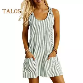 МОДА Летний женский сарафан с круглым вырезом в полоску и принтом без рукавов с карманами Свободный декор на пуговицах Повседневная повседневная одежда Мини-платье Короткое платье для отпуска и свиданий M чёрный