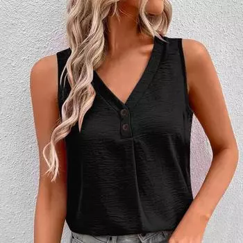 МОДА Летний женский жилет с V-образным вырезом на пуговицах без рукавов S синий