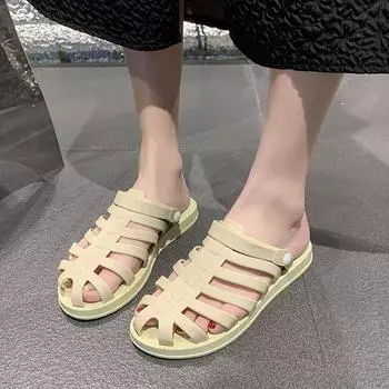 мода Летняя мода Новые сексуальные полые плоские женские популярные удобные тапочки с круглым носком сандалии женская обувь 36 бежевый