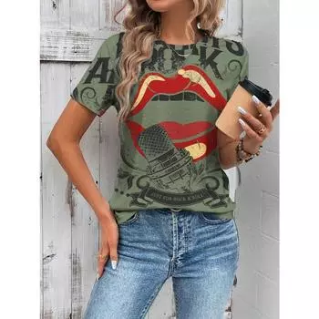 Мода Лето Сексуальная Помада Губы 3D Принт Женская Уличная Одежда Повседневная Футболка с Коротким Рукавом Круглый Вырез Топы Одежда XS