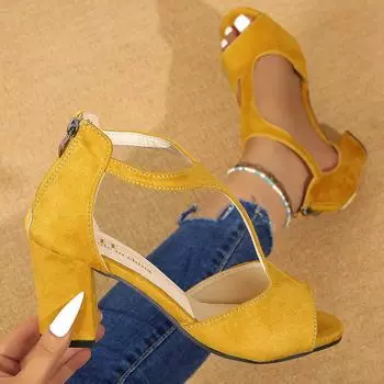 мода Лето Женщины;s Туфли-лодочки с открытым носком на молнии Туфли с квадратным носком Платье с пряжкой на танкетке Однострочная женская обувь для отдыха 2024 34 жёлтый