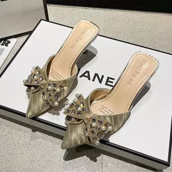 мода Лето Женская модная обувь Сексуальные туфли на высоком каблуке с открытой пяткой и ремешком с пряжкой и острым носком с украшением в виде бабочки Туфли-лодочки Женские сандалии 34 чёрный