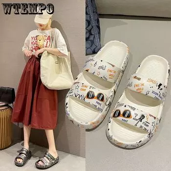 Мода Личность Граффити Толстое Дно Тапочки Женское Лето Шик Тренд Противоскользящие Комфортные Пары Уличные Сандалии 36-37