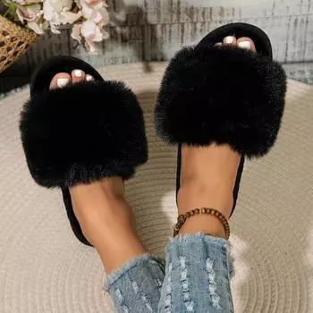мода Лидер продаж женская обувь зимняя мода открытый носок однотонные повседневные женские туфли на плоской подошве замшевые универсальные модные женские тапочки 36-37 чёрный