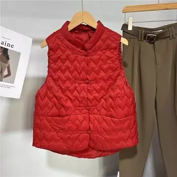 МОДА литературная пряжка белый утиный пух легкий и тонкий короткий ромбовидный пуховый жилет 2024 зимний жилет Одежда M чёрный