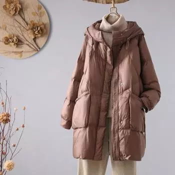 МОДА литературный и ретро большой размер пуховик с капюшоном 2024 зимняя женская высококачественная свободная уменьшающая объем белая утиная пуховая теплая куртка Одежда M красный