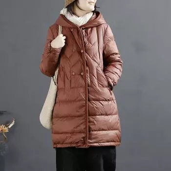 МОДА литературный и ретро однотонный пиджак на скрытых пуговицах женский 2024 зима новый свободный с капюшоном куртка средней и длинной моды Одежда M темно-зеленого