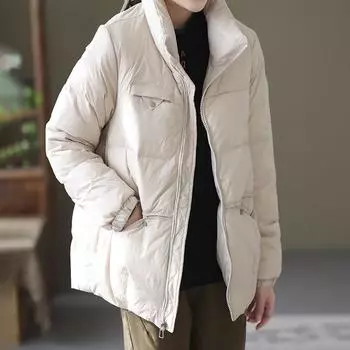 МОДА литературный повседневный белый утиный пуховик женский зимний новый свободный тонкий бархат треугольные заклепки хлеб куртка S хаки