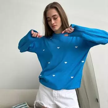 Мода Любовь Принт Вязаный свитер Осень и зима Женский свободный O-образный вырез Верхняя одежда для поездок на работу Повседневный свитер с длинными рукавами S светло-синий