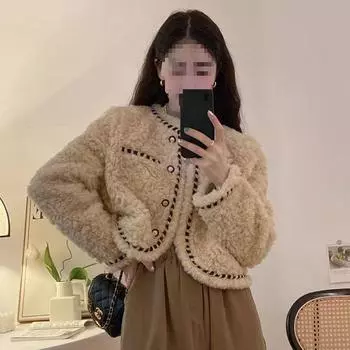 МОДА Маленькая ароматная короткая куртка из овечьей шерсти для женщин, зима 2024 года, новая маленькая свободная универсальная утолщенная плюшевая верхняя одежда S абрикосовый