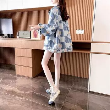 МОДА Маленькая свежая джинсовая куртка женская 2024 новый дизайн Sense ins Super Fire Lazy Wind Printed Top S (recommended within 57.5 kg)