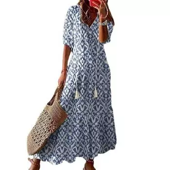 МОДА Макси-платье с кисточками длиной до щиколотки, универсальное, модное, с милым цветочным принтом, элегантное, длинное пляжное платье, женская одежда L зелёный