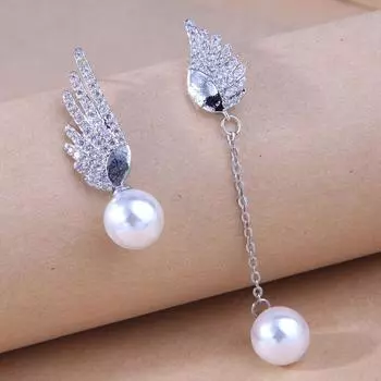 Мода, медные серьги с крыльями ангела, серьги-гвоздики, жемчужные зажимы для ушей, асимметричные серьги, без пирсинга серебряный