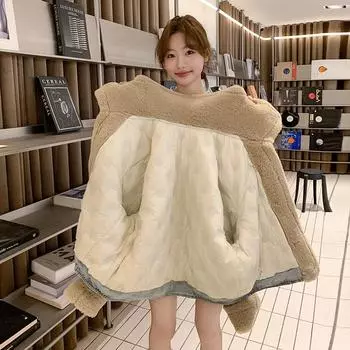 МОДА мех интегрированный 2024 зима новый овечья шерсть сращивание джинсовая меховая куртка женская локомотив белая утиная пуховая куртка женская Одежда S