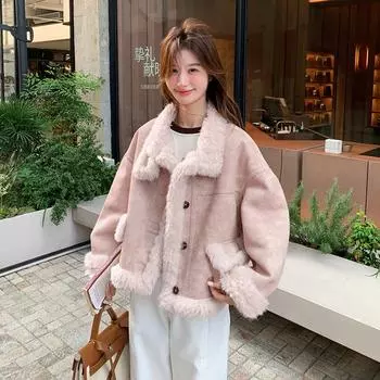 МОДА меховая интегрированная куртка женская утолщенная теплая свободная короткая верхняя часть 2024 зима новый темперамент женская одежда Одежда S розовый