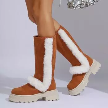 мода меховая платформа женские сапоги до колена зимние высокие сапоги новые туфли на высоком каблуке женские зимние трендовые теплые удобные массивные туфли модные ботинки женские 35