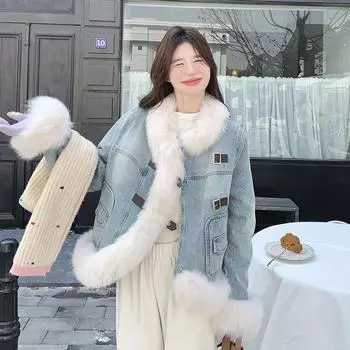 МОДА меховой воротник сращивание джинсовый пирог преодолевает женские зимние корейские хлопковые популярные хлопчатобумажные куртки популярный уникальный дизайн Одежда S