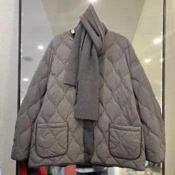 МОДА Милый пуховик с шарфом женский зимний новый круглый вырез тонкий маленький короткий популярный пальто модный S серый