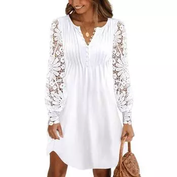 МОДА Мини-платье с V-образным вырезом, универсальное, А-силуэт, стильное, элегантное, пляжное, короткое, вечернее, уличное платье S белый