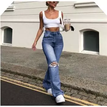 Мода Мода Дыры Высокая Посадка Широкие Джинсовые Женские Рваные Джинсовые Брюки Джинсы Женские Dark Blue 2XL