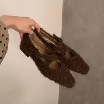 мода Мода Marie Janes Туфли женские Высокие каблуки Острый носок Мех Роскошь 2024 Осень Повседневная обувь Женщина Платье Вечеринка Туфли Zapatos Mujer 35 чёрный