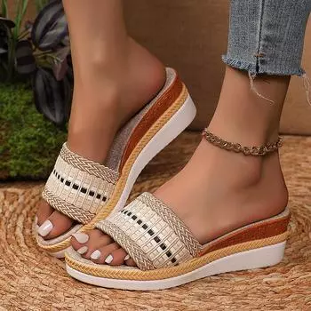 мода мода плетеные женские туфли на танкетке с узором ручной работы новые римские женские шлепанцы на платформе уличные повседневные туфли с открытым носком на толстой подошве 36 бежевый