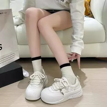 Мода Мода Ретро Круглая Голова Толстая Подошва Женская Вулканизированная Обувь Дизайнер Новые Весна Осень Шнуровка Мелкий Носок Женские Кроссовки 35 белый