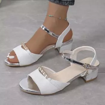 мода мода золото серебро женщины толстый каблук босоножки жемчуг пряжка ремешок стразы вечерние женские туфли летние остроносые босоножки с открытым носком 35 золотой