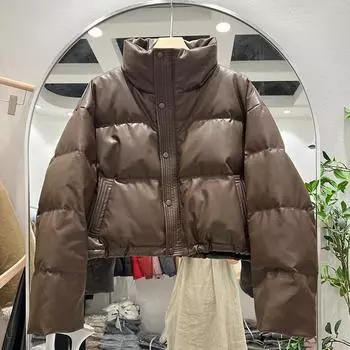 МОДА модная короткая куртка-стойка с воротником-стойкой женская зимняя куртка из утиного пуха белого цвета из искусственной кожи для хлеба 2024 года маленькая куртка модная одежда S зелёный