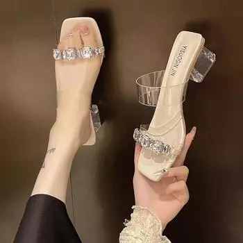 мода Модная обувь для женщин Туфли с открытым носком и квадратным носком Женские тапочки Летние прозрачные однотонные платья со стразами Туфли на толстом каблуке 35 серебряный