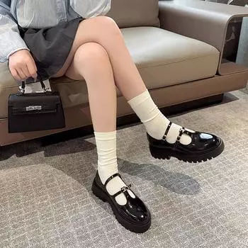 мода Модная пряжка 2024 новые женские туфли на высоком каблуке осень Мэри Джейн круглый носок неглубокие высокие каблуки женское платье толстые каблуки 35 чёрный