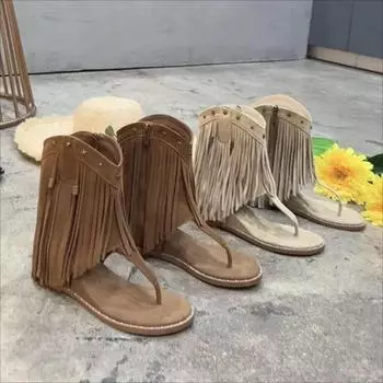 Мода Модная женская обувь 2024 Лето Новые женские сандалии в стиле вестерн с кисточками и универсальными шлепанцами Zapatos 35 абрикосовый
