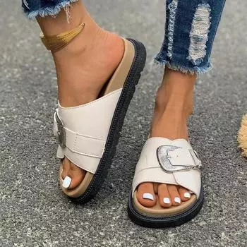 мода Модная женская обувь Современные женские тапочки Горячая Распродажа Повседневные тапочки Женские туфли с пряжкой на поясе на плоской платформе для отдыха на природе Женские 35 чёрный