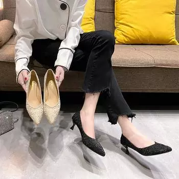 мода Модные блестящие туфли-лодочки женские туфли на тонком каблуке 2024 Новые туфли с острым носком женские туфли на среднем каблуке женские туфли без застежек 35