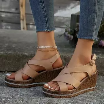 мода Модные босоножки на танкетке для женщин Лето 2024 Повседневные нескользящие туфли на платформе с открытым носком Резиновая подошва с пряжкой Элегантные женские босоножки на каблуке 36 хаки