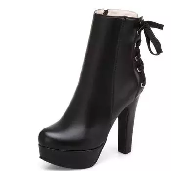 мода Модные ботильоны для женщин 2024 года на шнуровке зимние ботинки женские на платформе с высоким каблуком белые желтые ботильоны обувь женские большие размеры 34 чёрный