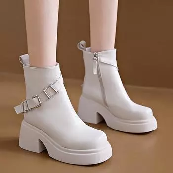 мода Модные ботильоны на толстом каблуке женские осенне-зимние короткие плюшевые ботинки на платформе женские с пряжкой на ремне готические из искусственной кожи Botas Mujer 35 бежевый