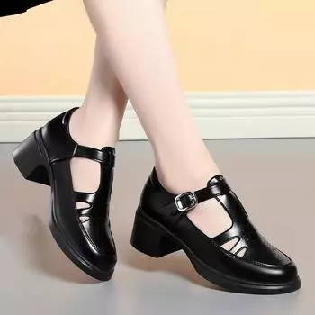 мода Модные цветочные вырезы Т-образный ремешок мягкие кожаные туфли на платформе женские 2024 г. средние блочные каблуки гладиаторские сандалии офис мама досуг 35(Foot22.5cm)