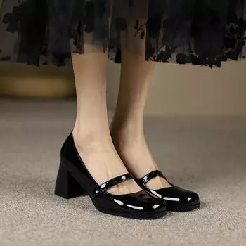 Мода Модные и универсальные Новые Ретро Темпераментные Лоферы Повседневные Туфли с Квадратным Носком На Высоком Каблуке Женские Кожаные Туфли в Британском Стиле 34 чёрный