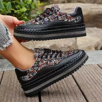 мода модные красочные женские кроссовки на платформе со шнуровкой 2024 новые нескользящие туфли на толстой подошве большого размера 45 пара вулканизированных кроссовок 35 чёрный