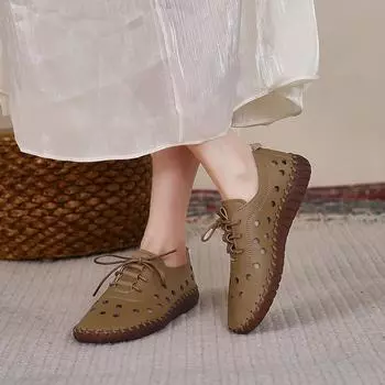 мода Модные кроссовки Женская обувь Лоферы на платформе Весна и лето Мягкая подошва Шнуровка Полые дышащие женские туфли 35 бежевый