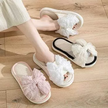 мода Модные льняные тапочки Bubble Bowknot для женщин с открытым носком и мягкой подошвой для дома, женские нескользящие домашние тапочки на весну и осень 36-37 чёрный